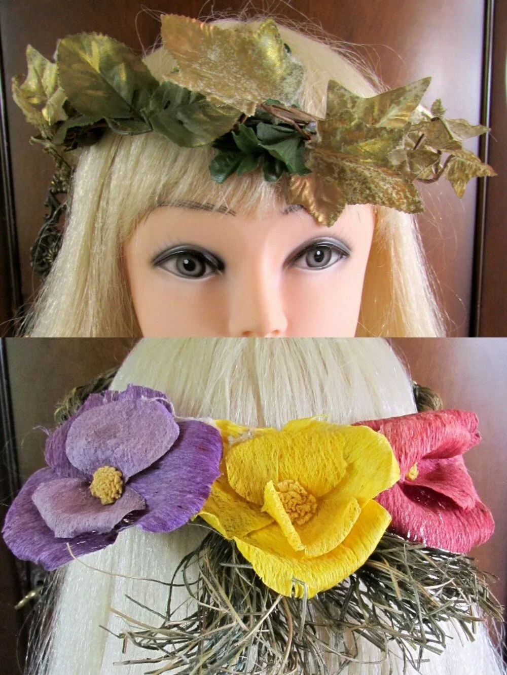 2 FESTIVAL HAIR WREATHS: FLORAL & GOLDEN LEAVES; RENAISSANCE, MEDIEVAL COSTUMES - Picture 1 of 12